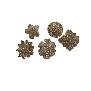 Lot Of 5 Vtg Silver Toned flower Brooches Pins Flower Clear Rhinestones